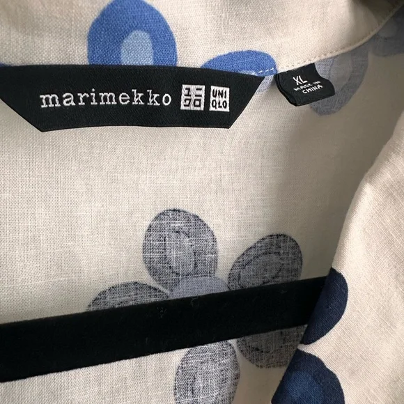 MARIMEKKO Women’s Blue Flowered Linen Oversized Short Sleeve Button Blouse Sz XL - Picture 2 of 4